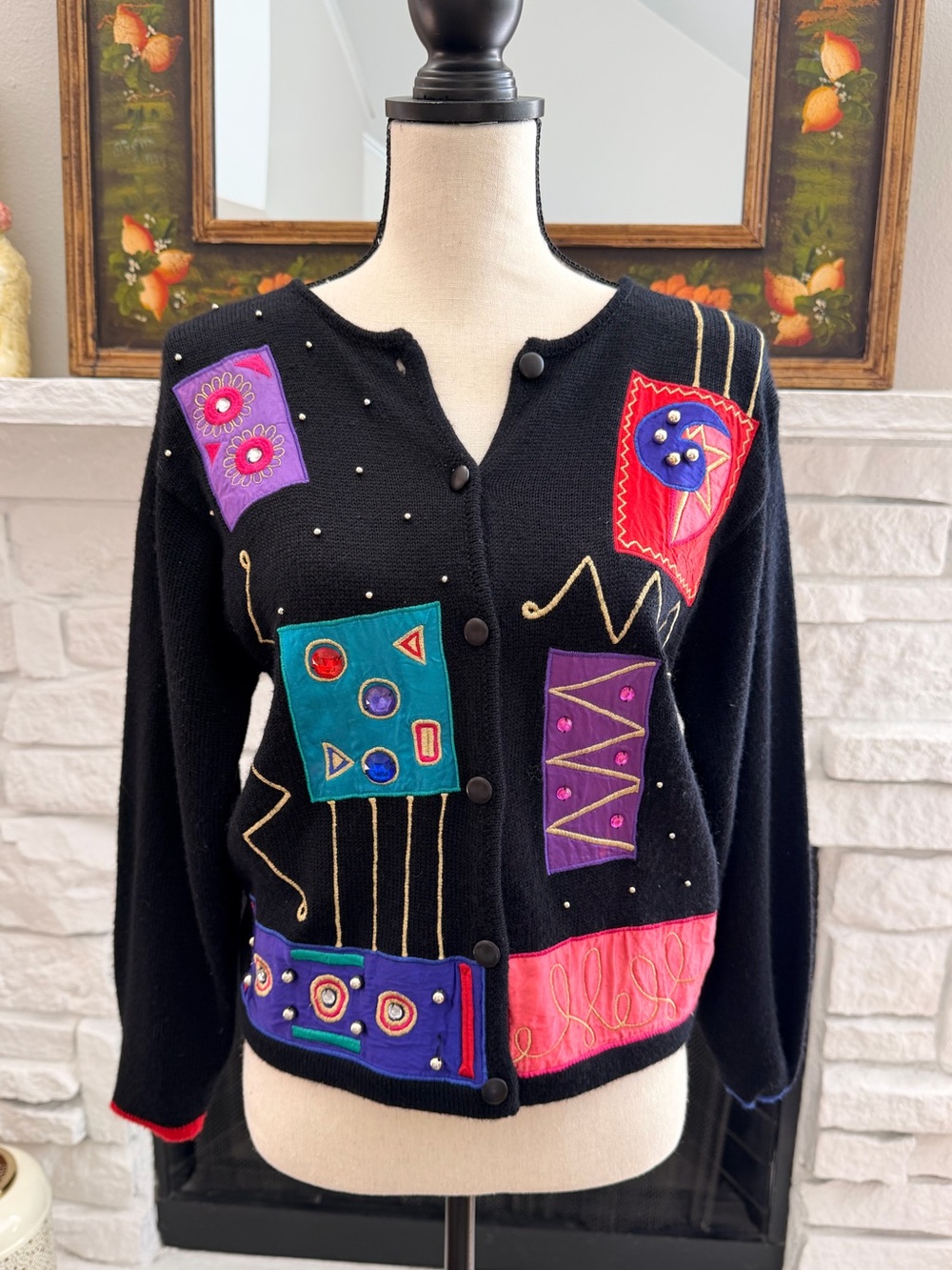 Vintage Doncaster Wool Cardigan S Jeweled Appliqué Wearable Art Sweater